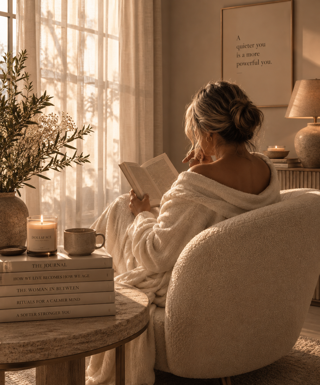 Mature woman reading in a softly lit interior, reflecting the DOLLSFACE® philosophy of beauty, wellbeing and self-care.