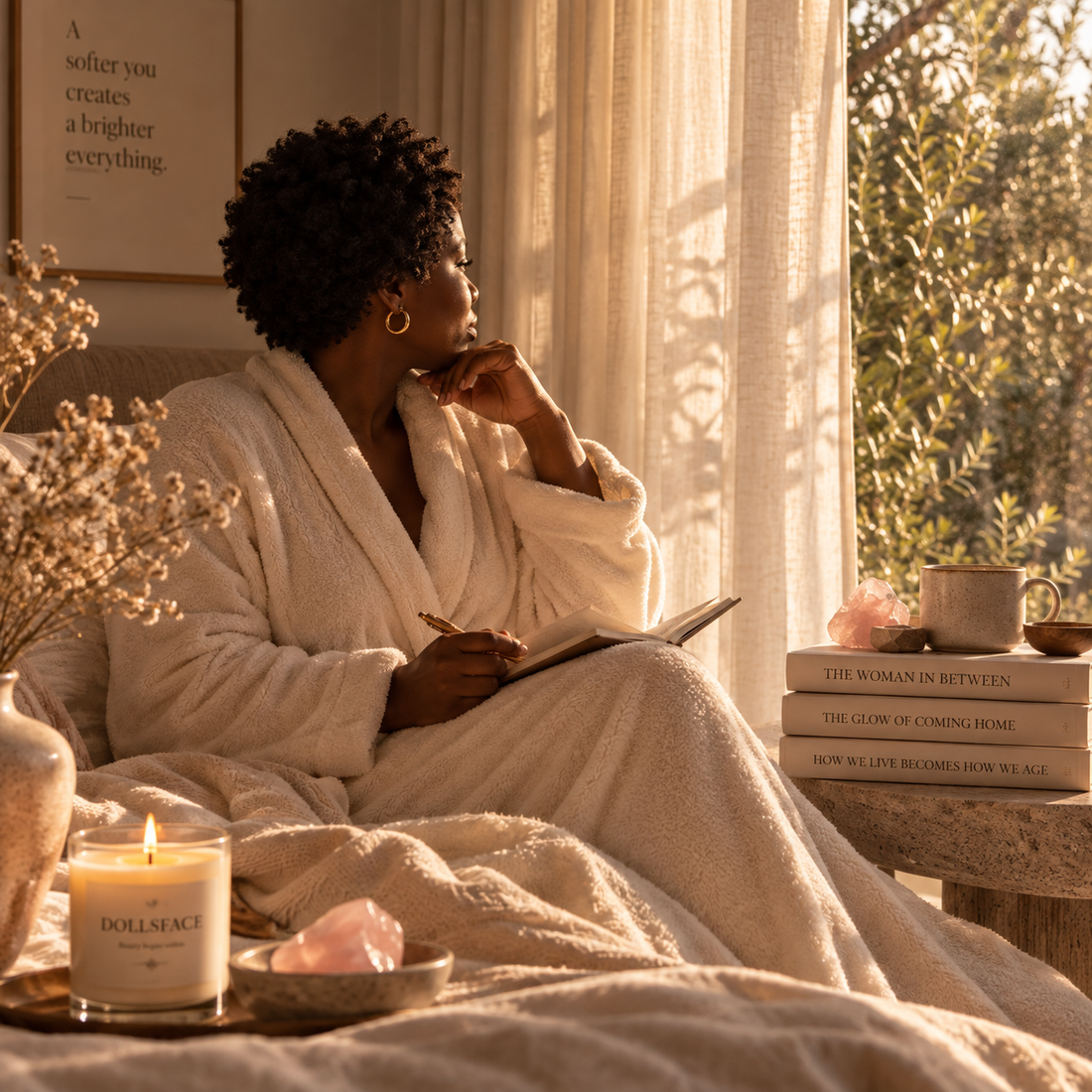 Woman with natural Afro hair journalling in a softly lit interior, reflecting the DOLLSFACE® philosophy of beauty, wellbeing and self-care.
