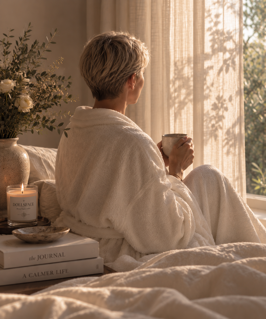 Woman with a short blonde crop enjoying a quiet moment by the window, reflecting the DOLLSFACE® philosophy of self-acceptance, wellbeing and inner beauty.