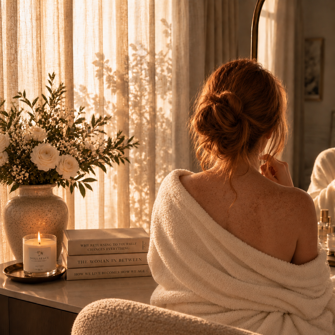 Red-haired woman with freckles in a cream robe during a quiet DOLLSFACE® self-care ritual.