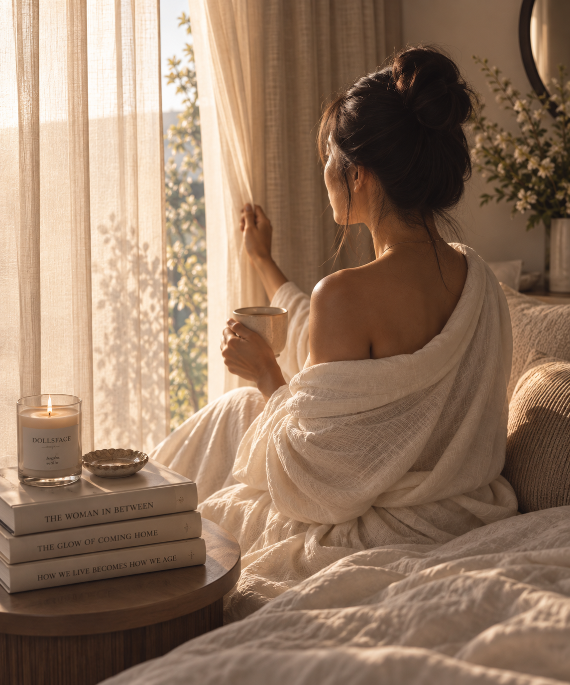Woman with dark hair enjoying a quiet moment by the window, reflecting the DOLLSFACE® philosophy of self-care, wellbeing and inner beauty.