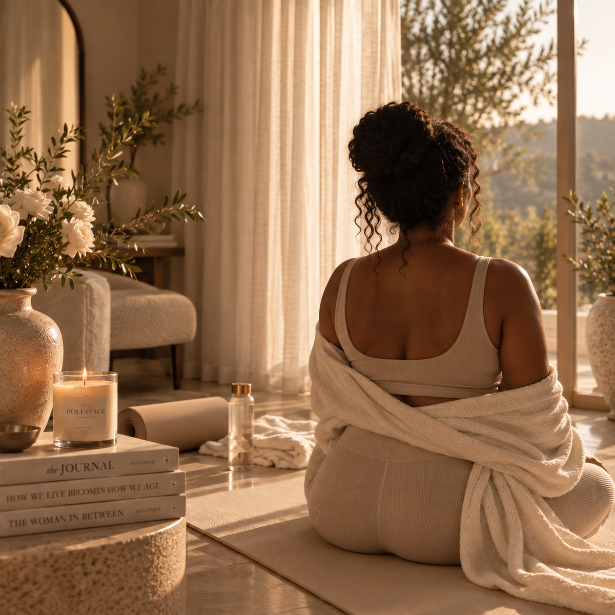 Dark-skinned woman sitting on a yoga mat in a softly lit wellness space, reflecting the DOLLSFACE® philosophy of movement, wellbeing and beauty.