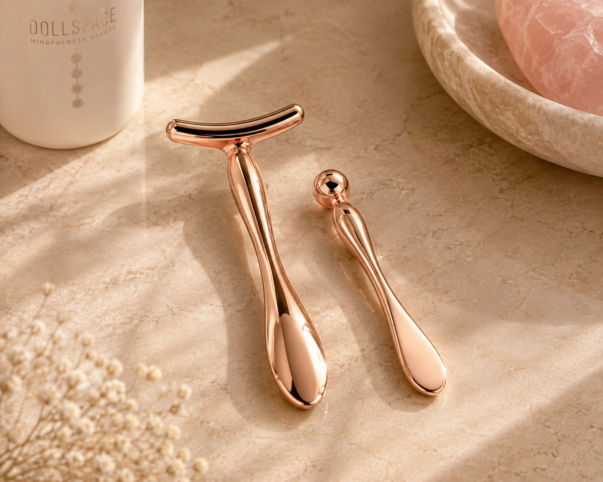 DOLLSFACE® rose gold Ritual Bars for facial massage, shown together on a warm stone surface.